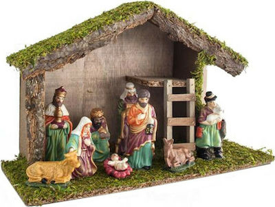 Large Manger Ξύλινη με 9 Πορσελάνινες Φιγούρες 40x25cm