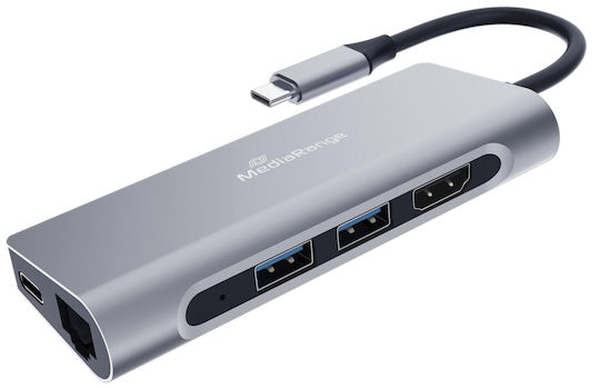 MediaRange USB-C Docking Station με HDMI 4K PD Ethernet Ασημί (MRCS510)