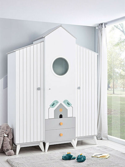 Bird House Τρίφυλλη Ντουλάπα με 2 Συρτάρια Λευκή 172x59x220cm