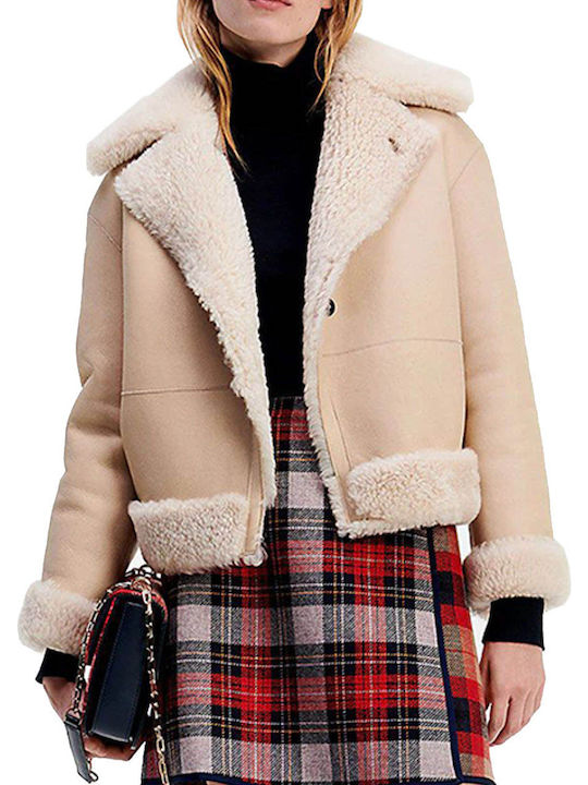 Mouton Women's Biker Jacket with Fur Lining Ecru