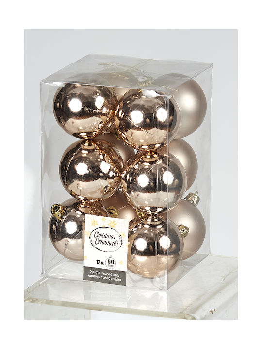 TnS Ornament de Crăciun Bilă Plastic Rose Gold cu Pulbere de Aur cu Paiete 6buc Set 12buc