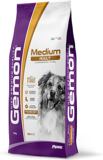 Monge Gemon Medium 15kg Ξηρά Τροφή για Ενήλικους Σκύλους Μεσαίων Φυλών με Κοτόπουλο και Ρύζι