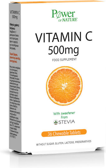 Power Of Nature Vitamin C with Stevia Βιταμίνη για Ενίσχυση του Ανοσοποιητικού, τo Δέρμα & Αντιοξειδωτική δράση 500mg 36 μασώμενες ταμπλέτες