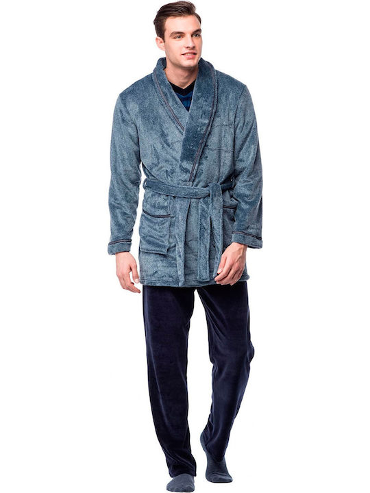 Vamp Χειμερινή Ανδρική Ρόμπα Fleece Μπλε