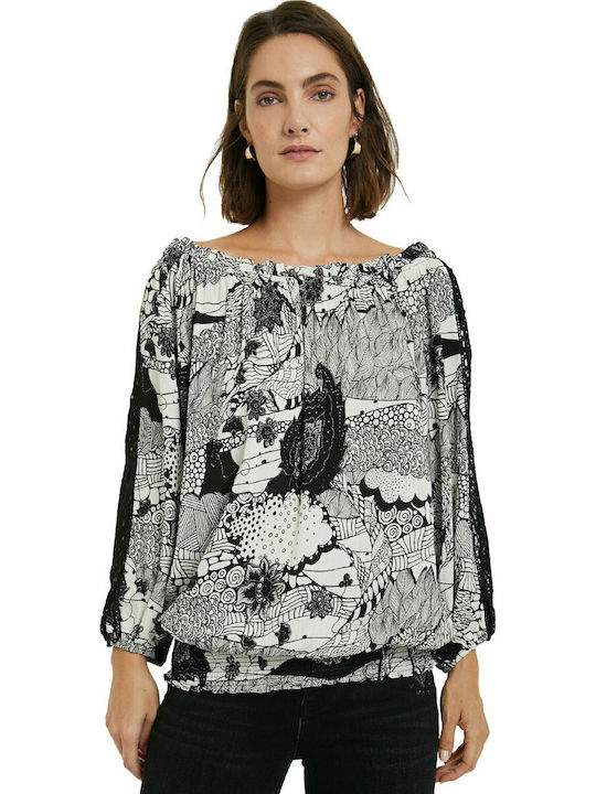 Desigual Melina Damen Bluse Schulterfrei Langärmelig Blumen Schwarz