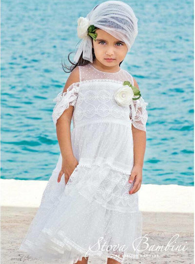 Stova Bambini Alb Set de Haine de Botez cu Accesorii pentru păr & Rochie din Dantelă 2buc