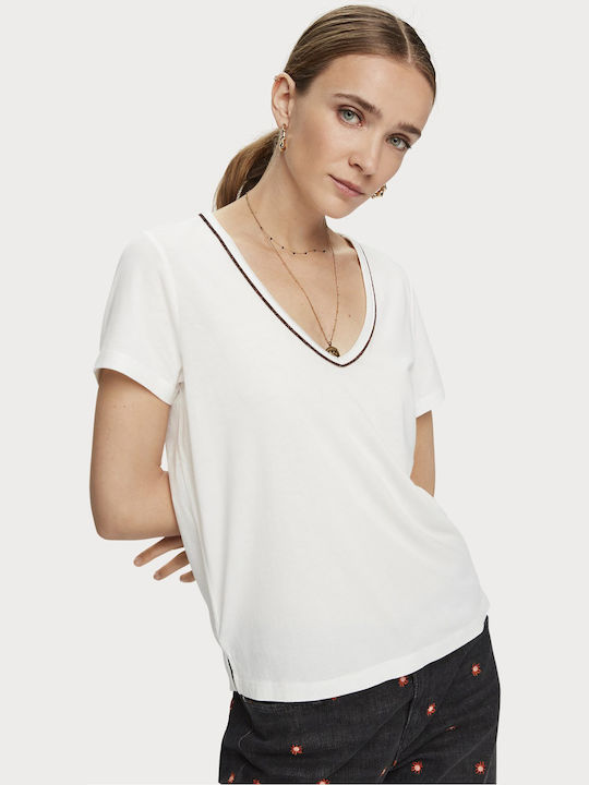 Scotch & Soda Summer Women's Cotton Blouse Short Sleeve with V Neck White