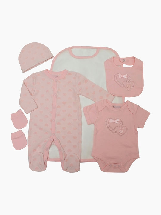 Just-Too-Cute Baby Set 5pcs, Bib, Cap, Bib, Bib, Bib Gloves "Pink Heart"