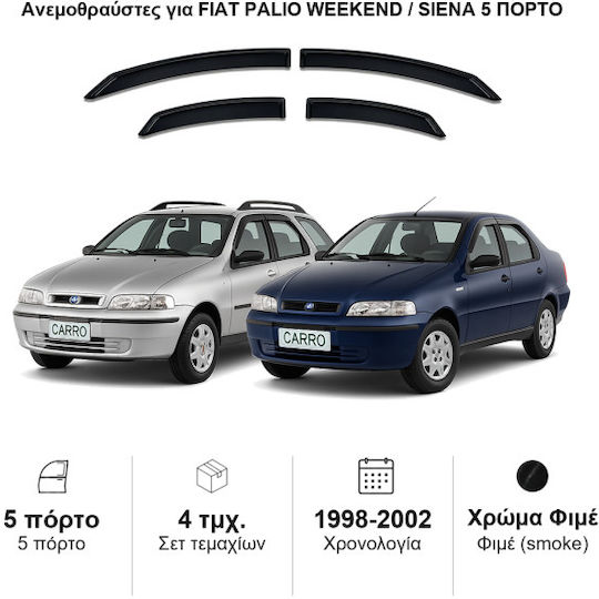 Heko Σετ Ανεμοθραύστες Αυτοκινήτου Μπροστινοί και Πίσω Σκούρο Φιμέ για Fiat Palio 4τμχ