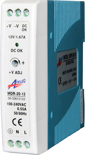 Adeleq Τροφοδοτικό Ράγας με Έξοδο 12V και Ισχύ 15W 1.67A για Ταινίες LED