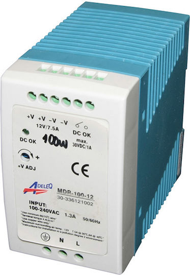 Adeleq Τροφοδοτικό Ράγας με Έξοδο 12V και Ισχύ 100W 7.5A για Ταινίες LED