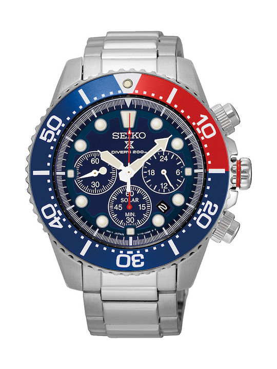 Seiko Prospex Sea Watch Chronograph Solar with Silver Metal Bracelet