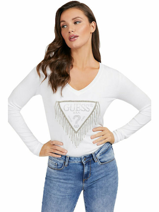 Guess Damen Bluse Langärmelig mit V-Ausschnitt Weiß