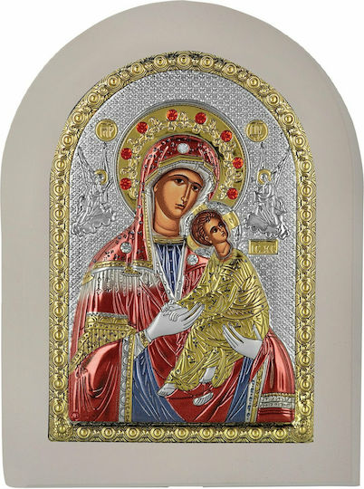 Prince Silvero Saint Icon Panagia Amolyntos in White Wood Silver 15x21cm