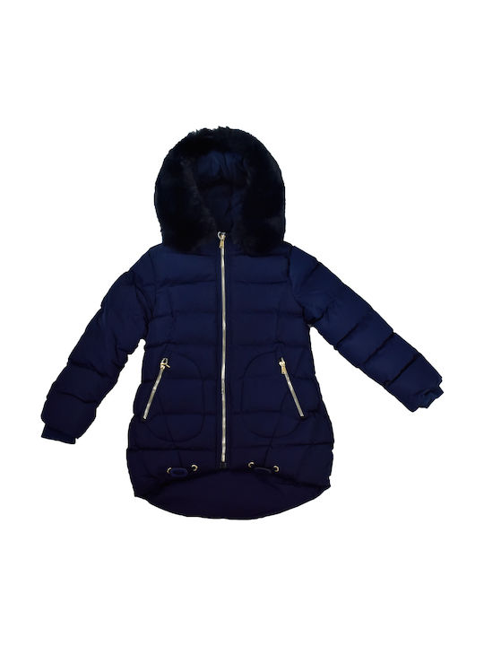 Joyce Kids Quilted Jacket Long Hooded Navy Blue