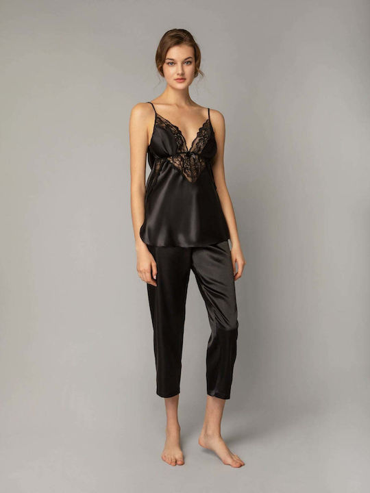 Milena by Paris Women's Pyjama Set Satin Black 9121 009121-Μαύρο