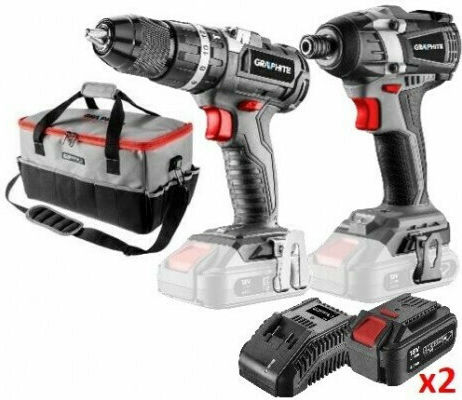Graphite GHT-SET3 Set Impact Drill Driver & Impact Screwdriver Brushless 18V with 2 Batteries 4Ah and Case