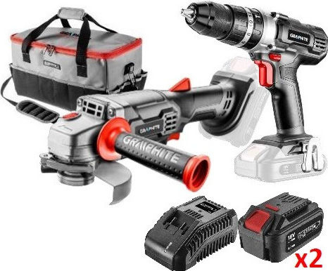 Graphite GHT-SET4 Set Roată unghiulară & Mașină de găurit cu impact 18V cu 2 baterii 4Ah și husă