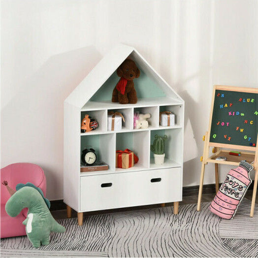 Kids Wooden Bookcase with 8 Shelves and 1 Drawer White 82x30x126cm
