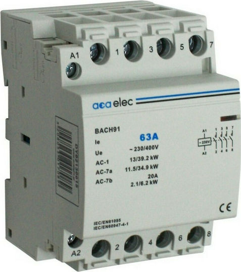 Aca Ρελέ Ράγας Ισχύος 63A Τετραπολικό με Τάση 230V 4NO 3M 220V-400V