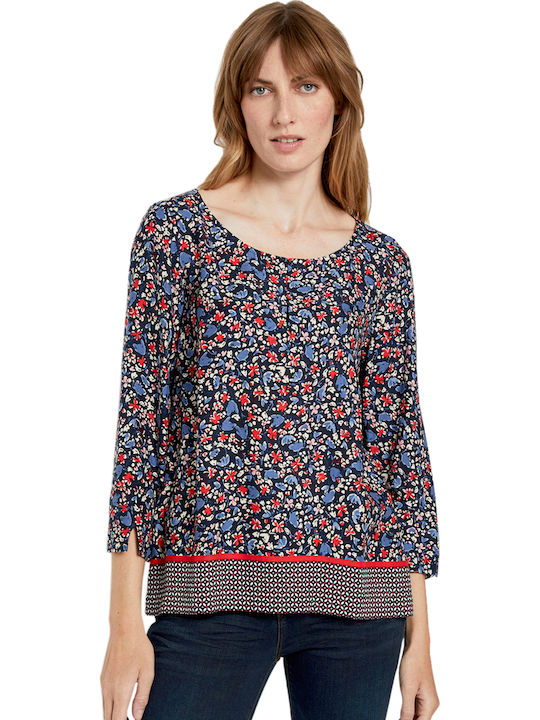 Tom Tailor Women's Blouse with 3/4 Sleeve Floral Navy Blue
