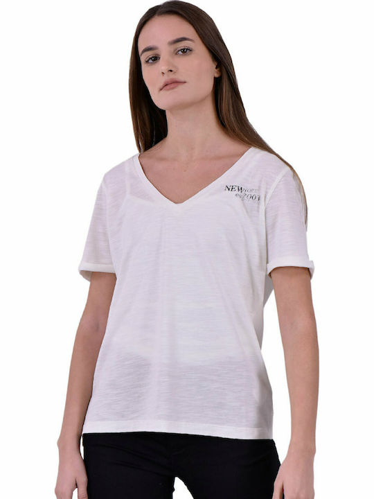 Superdry New York City Times Reverse Γυναικείο T-shirt με V Λαιμόκοψη Λευκό