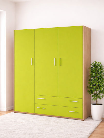 3 Drei Türen Kinderkleiderschrank mit 2 Schubladen Eiche-Grün 110x50x180cm