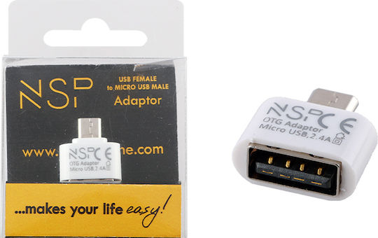 NSP Конвертор micro USB мъжки към USB-A женски Бял 1бр