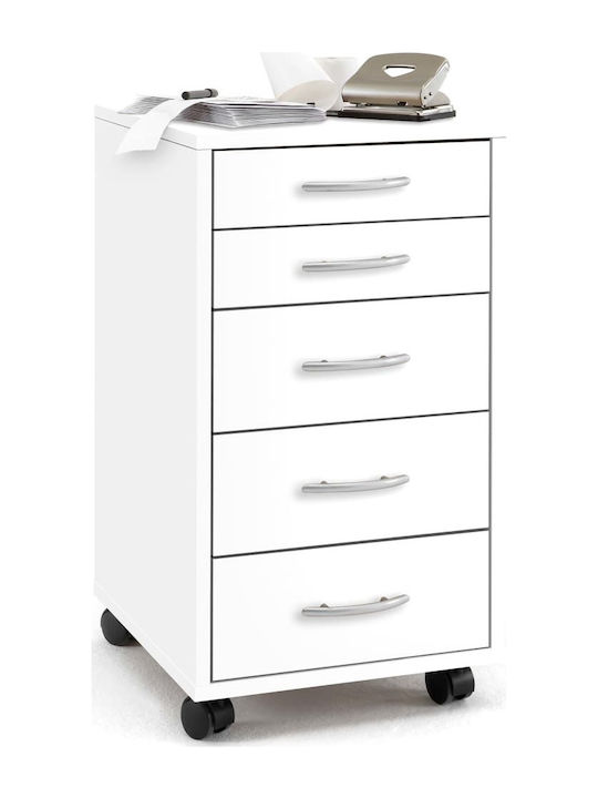 Ξύλινη Συρταριέρα Γραφείου με Ροδάκια & 5 Συρτάρια σε Λευκό Χρώμα, 33x38x63.5cm