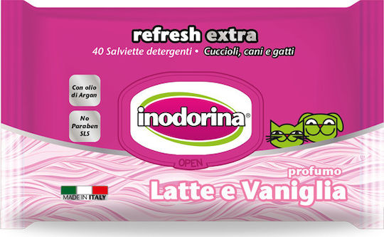 Inodorina Refresh Extra 40 Кърпички за Кучета и Котки за Почистване на Тялото с Аромат Ванилия без Алкохол 100гр