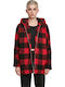 Sherpa Γυναικείο Καρό Κόκκινο Παλτό Oversized με κουκούλα