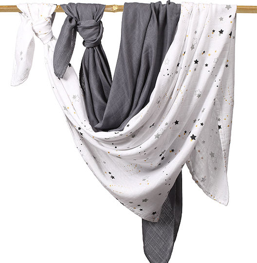 Babyono Stardust Muslin Swaddle Wraps Gray 120x120cm. 2pcs