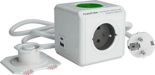 Allocacoc PowerCube 3 Positionen mit 1 USB-A, 1 USB-C und Kabel 1.5m Gray