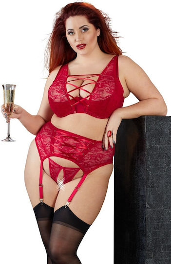 Cottelli Collection Plus Size Σαγηνευτικό Δαντελένιο Σετ Sexy Σετ Εσωρούχων με Δαντέλα & Ζαρτιέρες Κόκκινο Plus Size 3τμχ