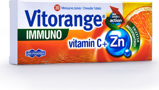 UNI-PHARMA Vitorange Immuno Vitamin C + Zn Πολυβιταμίνη για Ενέργεια & Ενίσχυση του Ανοσοποιητικού Πορτοκάλι 30 μασώμενες ταμπλέτες