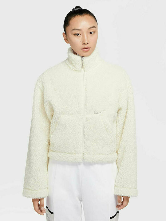 Nike Swoosh Κοντή Fleece Γυναικεία Ζακέτα με Φερμουάρ σε Λευκό Χρώμα