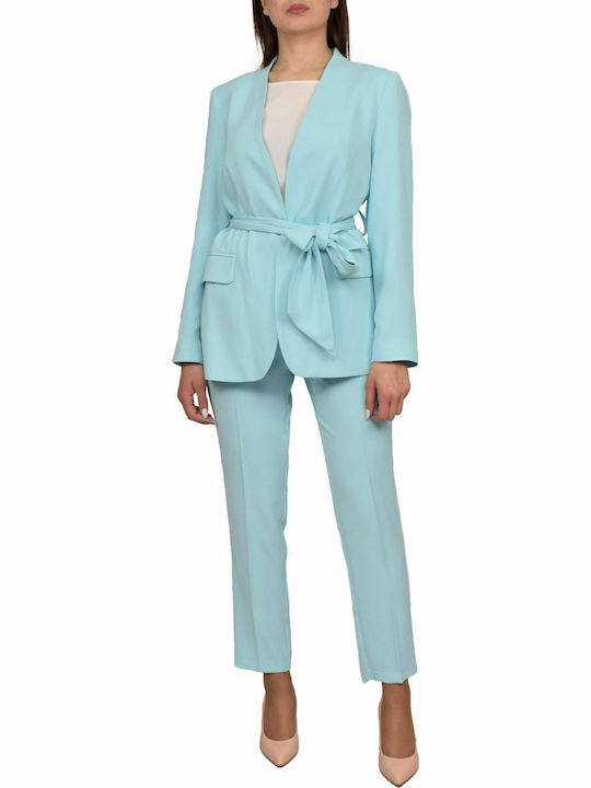 Passager Lung Blazer pentru femei Crep Cu talie Sacou Albastru deschis