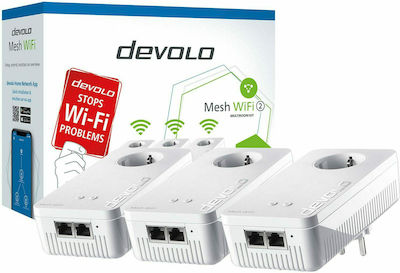 Devolo Mesh WiFi 2 Powerline Τριπλού Kit για Ασύρματη Σύνδεση Wi‑Fi 5 με Passthrough Πρίζα και 2 Θύρες Gigabit Ethernet