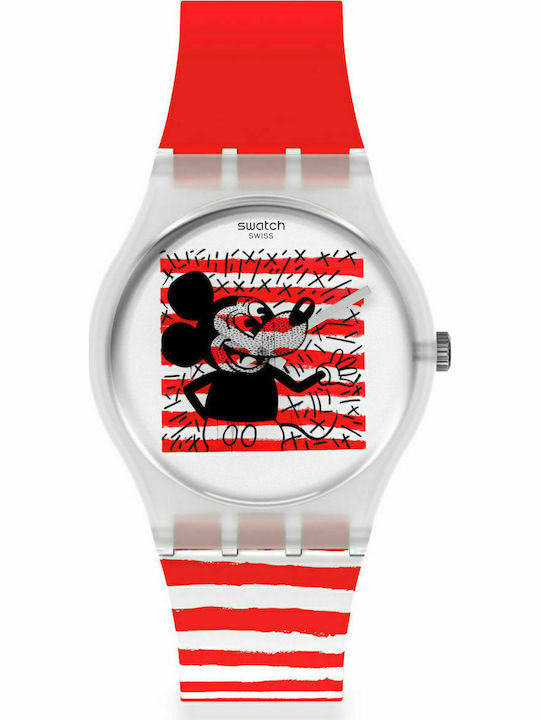 Swatch Mouse Mariniere Γυναικείο Ρολόι 34mm Μπαταρίας με Κόκκινο Καουτσούκ Λουράκι