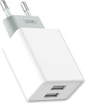 XO Φορτιστής Χωρίς Καλώδιο με 2 Θύρες USB-A Quick Charge 3.0 Λευκός (L65)