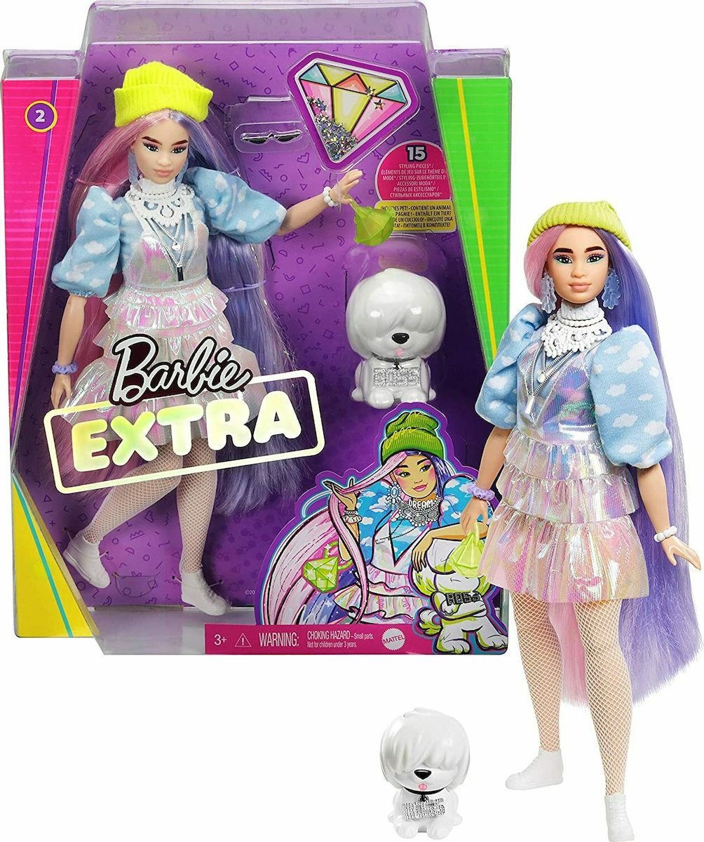 Mattel Barbie Extra: Curvy Doll with Shimmer Look and Pet Puppy (GVR05)
