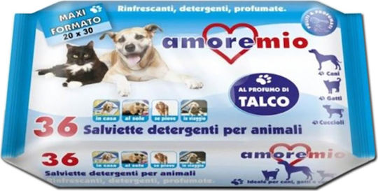Amoremio 36 Μαντηλάκια Σκύλου & Γάτας για Καθαρισμό Σώματος με Άρωμα Πούδρα