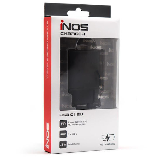 iNOS Încărcător Fără Cablu cu Port USB-C 18W Quick Charge 3.0 Negruς (5205598139216)