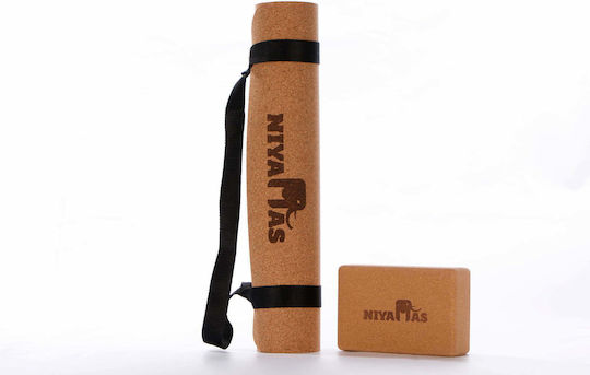 Niyamas Exercise Mat Yoga Brown with Carry Strap and Block (183x66x0.5cm)
