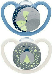 Nuk Orthodontic Pacifiers Silicone Space Cat / Bee Blue / White Night with Case for 0-6 months 2pcs