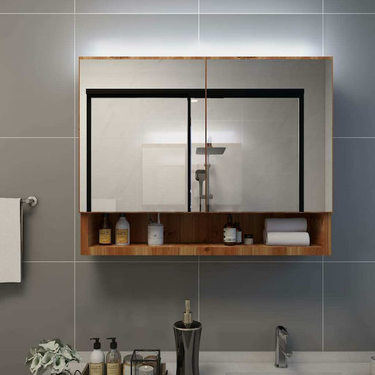 vidaXL Правоъгълена Банско Огледало LED от MDF с Шкаф 80x60см Кафяв