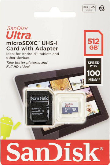 Sandisk Ultra microSDXC 512GB Geschwindigkeitsklasse 10 UHS-I 100MB/s mit Adapter