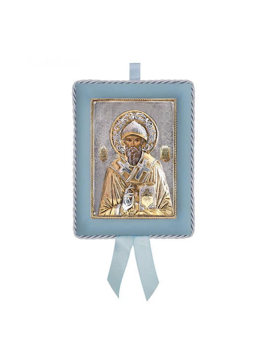 Silver Icon for Newborn Boy Saint Spyridon 14,5x11,5cm (with local gold plating)