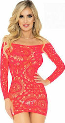 Leg Avenue Crochet Lace Long Sleeve Mini Dress Neon Rochie Sexy Coral D-225533