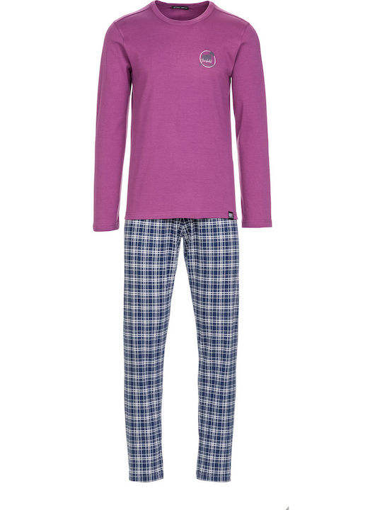 Vamp Men's Winter Cotton Checked Pajamas Set Purple